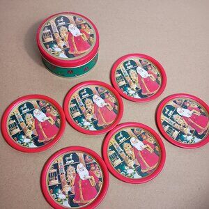 VTG 80s Metal Christmas Santa Claus Coasters Willitts 5485 Set of 6 Tin Classic
